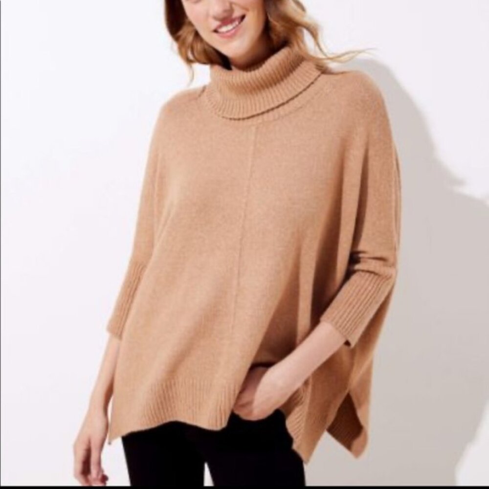 LOFT Lou & Grey Camel Turtleneck Poncho Sweater Asymmetrical Hem Cozy Knit XS